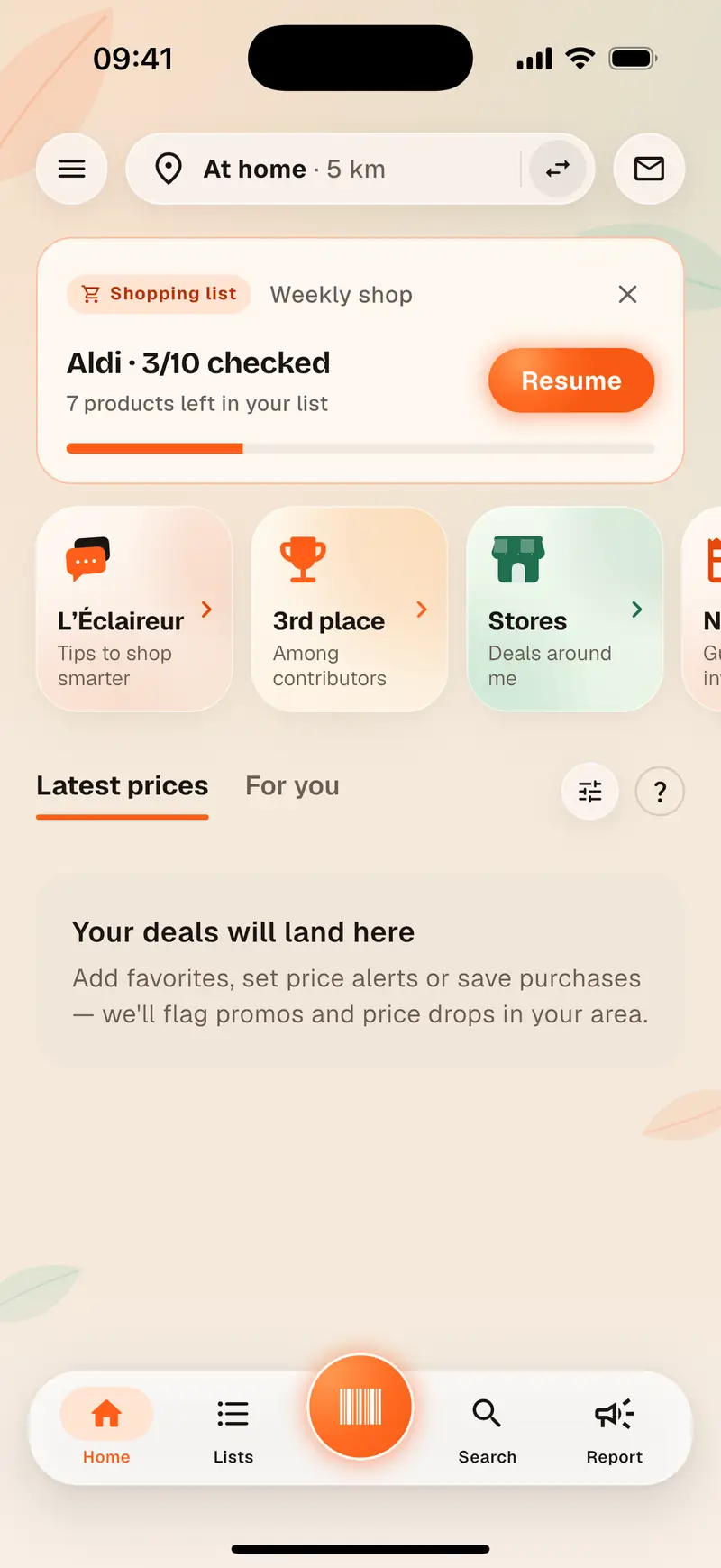 Aukilo app home screen: latest prices recorded nearby